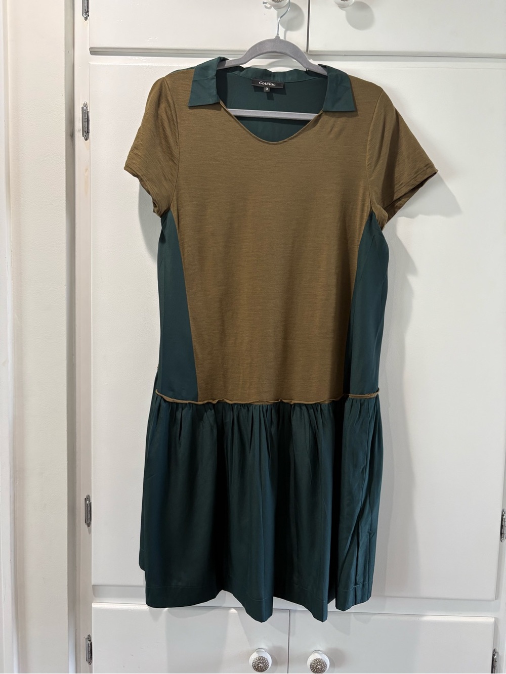 Cotelac Two-Tone Olive and Teal Collared Midi Dress US Size 10-12